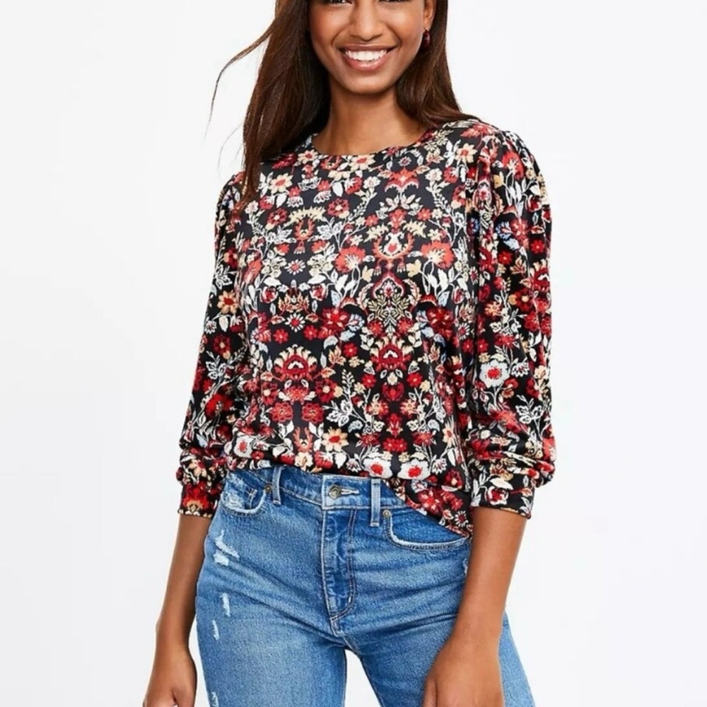 LOFT Black and Red Floral Blouse